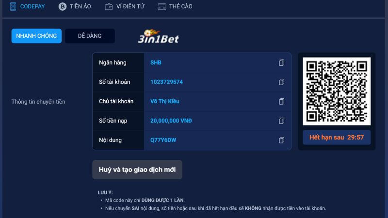 Hướng dẫn nạp tiền 3in1bet